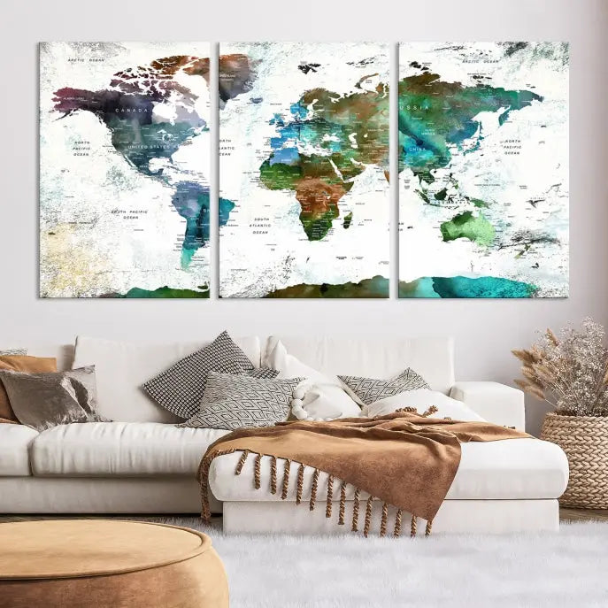 A Push Pin World Map Wall Art Canvas Print, featuring watercolor hues and enhanced with a UV-protective coating for long-lasting vibrant colors, hangs prominently.