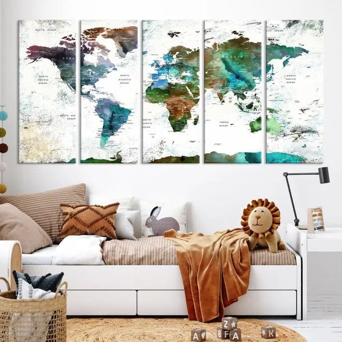 A Push Pin World Map Wall Art Canvas Print, featuring watercolor hues and enhanced with a UV-protective coating for long-lasting vibrant colors, hangs prominently.