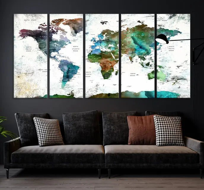 A Push Pin World Map Wall Art Canvas Print, featuring watercolor hues and enhanced with a UV-protective coating for long-lasting vibrant colors, hangs prominently.