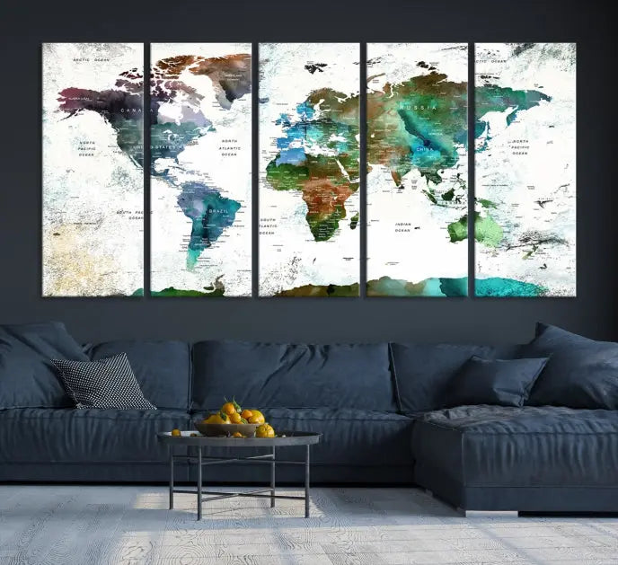 A Push Pin World Map Wall Art Canvas Print, featuring watercolor hues and enhanced with a UV-protective coating for long-lasting vibrant colors, hangs prominently.