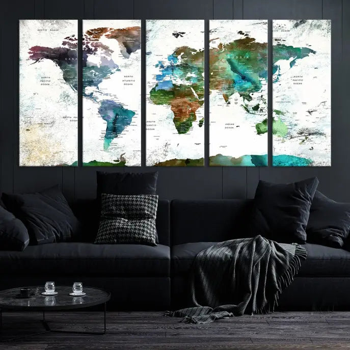 A Push Pin World Map Wall Art Canvas Print, featuring watercolor hues and enhanced with a UV-protective coating for long-lasting vibrant colors, hangs prominently.