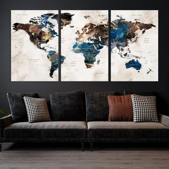 A vibrant Push Pin World Map Wall Art Watercolor Painting Canvas Print, expertly hand-assembled with museum-quality polycotton and UV-protective coating, is displayed in a modern living room.