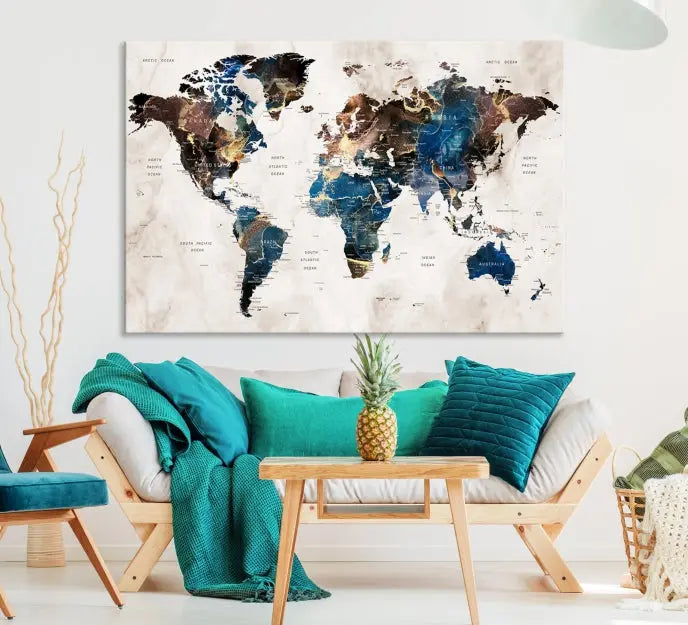 A vibrant Push Pin World Map Wall Art Watercolor Painting Canvas Print, expertly hand-assembled with museum-quality polycotton and UV-protective coating, is displayed in a modern living room.