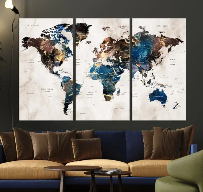 A vibrant Push Pin World Map Wall Art Watercolor Painting Canvas Print, expertly hand-assembled with museum-quality polycotton and UV-protective coating, is displayed in a modern living room.