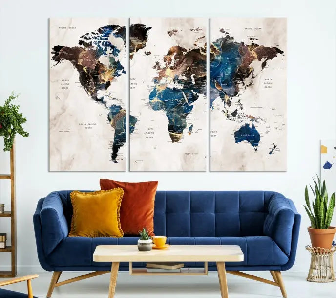 A vibrant Push Pin World Map Wall Art Watercolor Painting Canvas Print, expertly hand-assembled with museum-quality polycotton and UV-protective coating, is displayed in a modern living room.