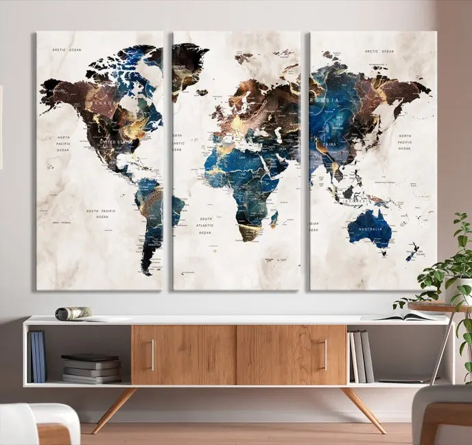 A vibrant Push Pin World Map Wall Art Watercolor Painting Canvas Print, expertly hand-assembled with museum-quality polycotton and UV-protective coating, is displayed in a modern living room.