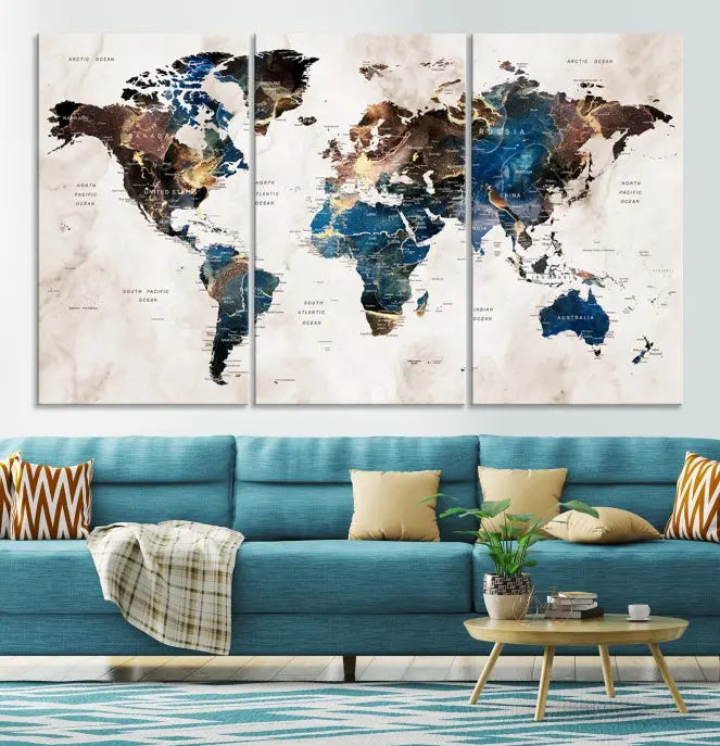 A vibrant Push Pin World Map Wall Art Watercolor Painting Canvas Print, expertly hand-assembled with museum-quality polycotton and UV-protective coating, is displayed in a modern living room.