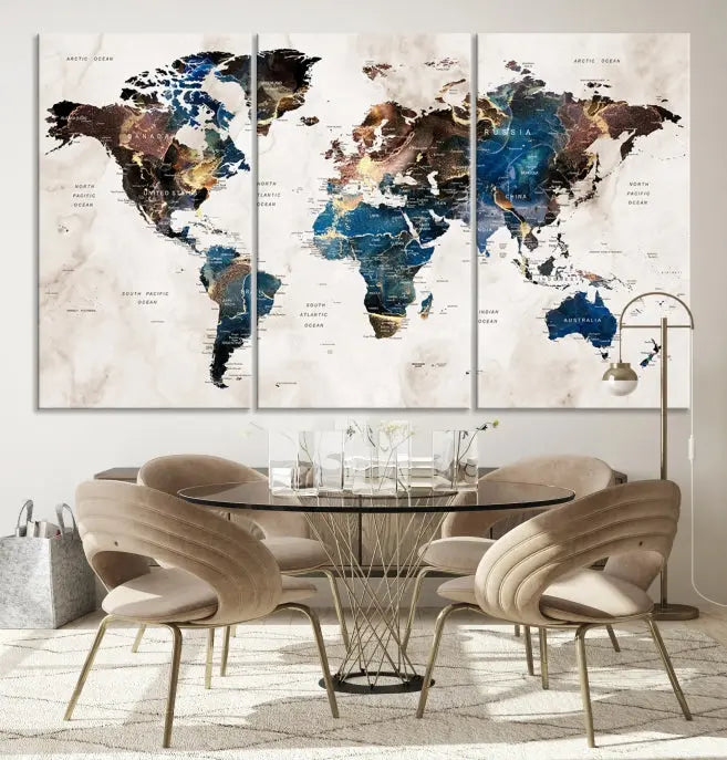 A vibrant Push Pin World Map Wall Art Watercolor Painting Canvas Print, expertly hand-assembled with museum-quality polycotton and UV-protective coating, is displayed in a modern living room.