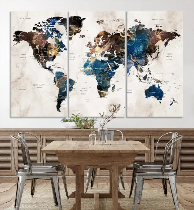 A vibrant Push Pin World Map Wall Art Watercolor Painting Canvas Print, expertly hand-assembled with museum-quality polycotton and UV-protective coating, is displayed in a modern living room.