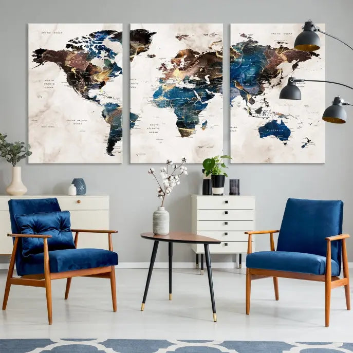 A vibrant Push Pin World Map Wall Art Watercolor Painting Canvas Print, expertly hand-assembled with museum-quality polycotton and UV-protective coating, is displayed in a modern living room.