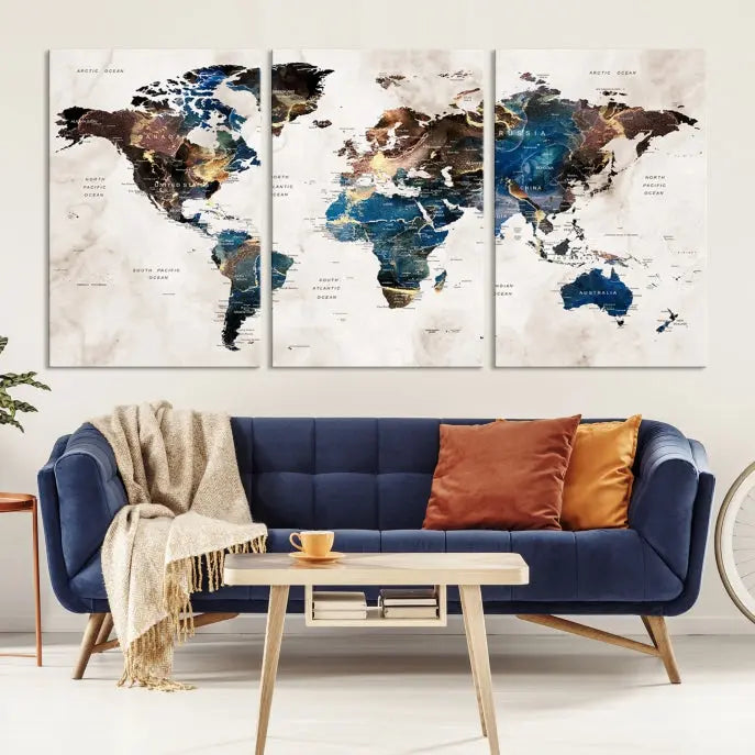 A vibrant Push Pin World Map Wall Art Watercolor Painting Canvas Print, expertly hand-assembled with museum-quality polycotton and UV-protective coating, is displayed in a modern living room.