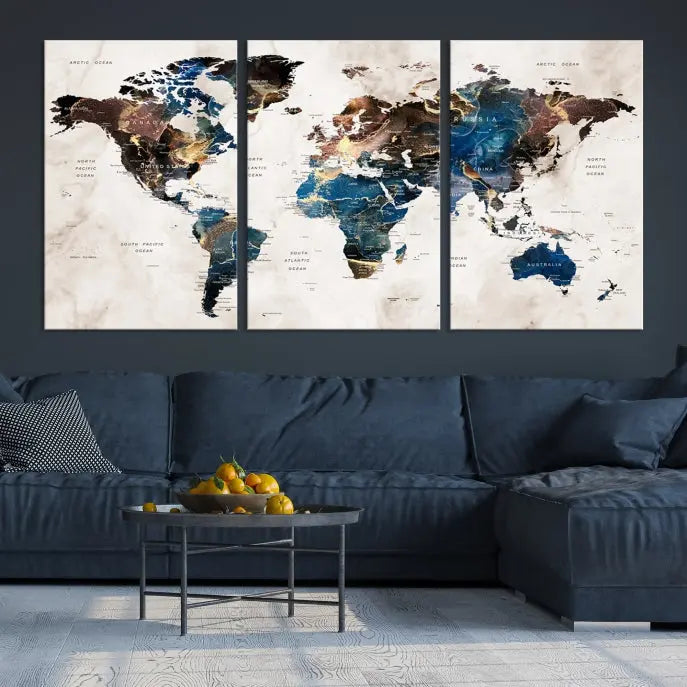 A vibrant Push Pin World Map Wall Art Watercolor Painting Canvas Print, expertly hand-assembled with museum-quality polycotton and UV-protective coating, is displayed in a modern living room.