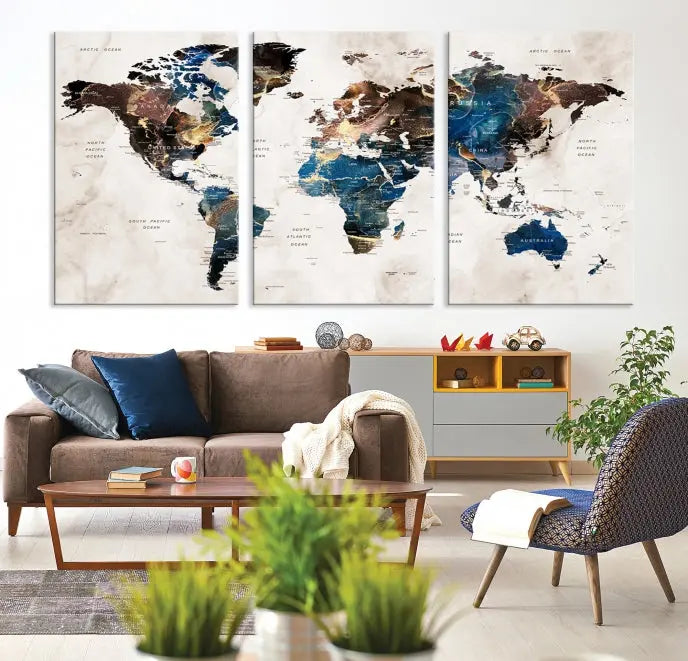 A vibrant Push Pin World Map Wall Art Watercolor Painting Canvas Print, expertly hand-assembled with museum-quality polycotton and UV-protective coating, is displayed in a modern living room.