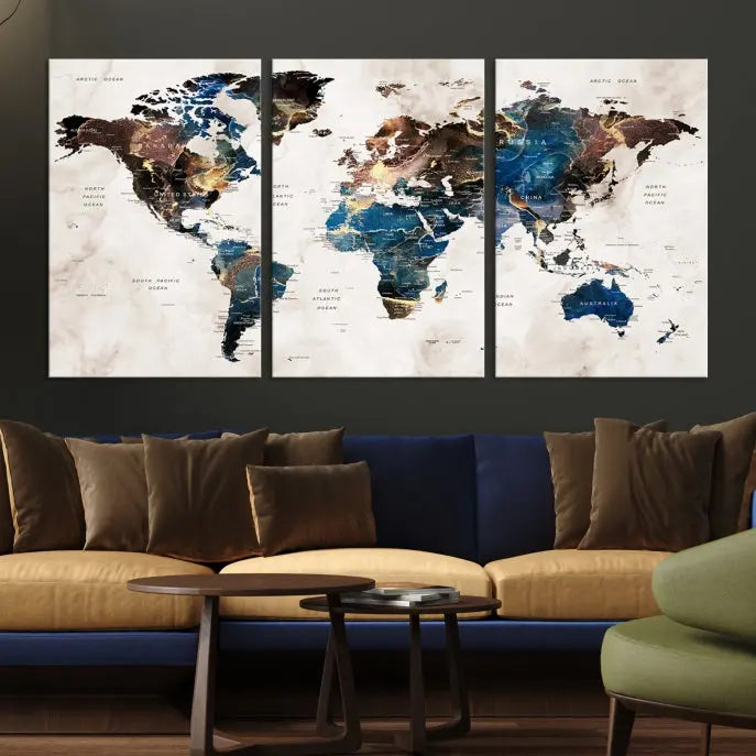 A vibrant Push Pin World Map Wall Art Watercolor Painting Canvas Print, expertly hand-assembled with museum-quality polycotton and UV-protective coating, is displayed in a modern living room.