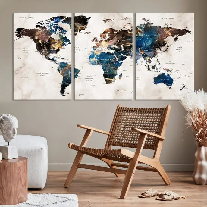 A vibrant Push Pin World Map Wall Art Watercolor Painting Canvas Print, expertly hand-assembled with museum-quality polycotton and UV-protective coating, is displayed in a modern living room.