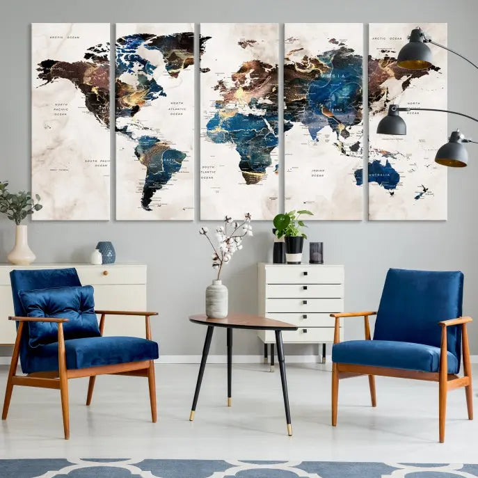 A vibrant Push Pin World Map Wall Art Watercolor Painting Canvas Print, expertly hand-assembled with museum-quality polycotton and UV-protective coating, is displayed in a modern living room.