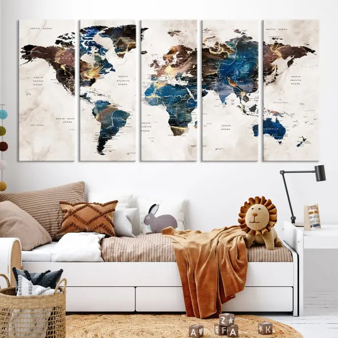 A vibrant Push Pin World Map Wall Art Watercolor Painting Canvas Print, expertly hand-assembled with museum-quality polycotton and UV-protective coating, is displayed in a modern living room.