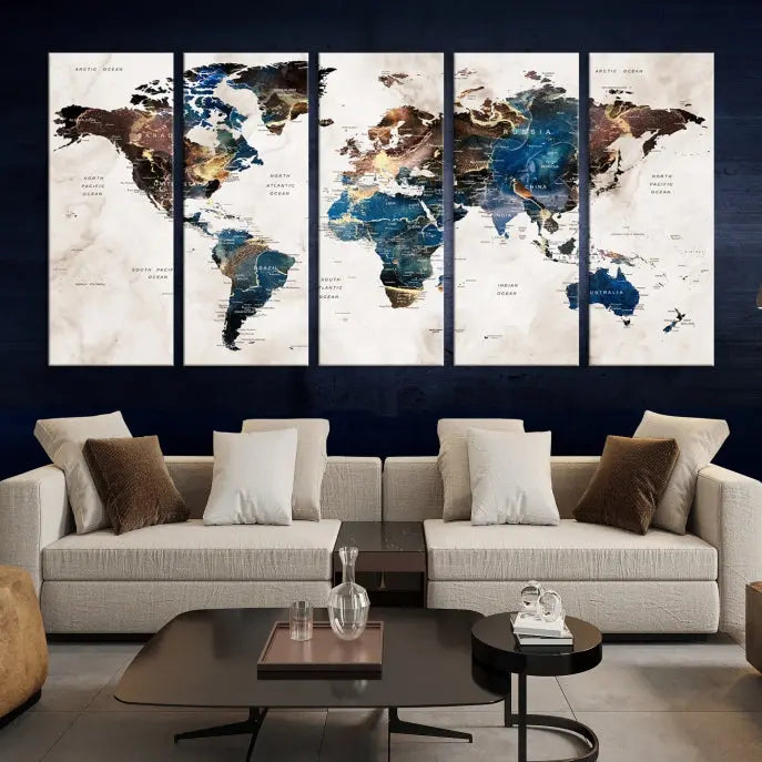 A vibrant Push Pin World Map Wall Art Watercolor Painting Canvas Print, expertly hand-assembled with museum-quality polycotton and UV-protective coating, is displayed in a modern living room.