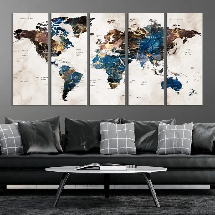 A vibrant Push Pin World Map Wall Art Watercolor Painting Canvas Print, expertly hand-assembled with museum-quality polycotton and UV-protective coating, is displayed in a modern living room.