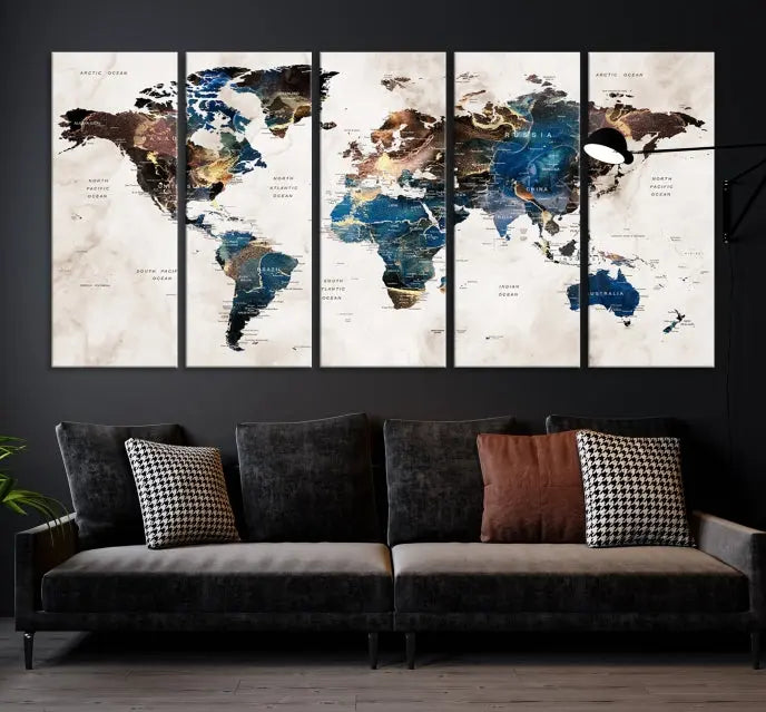 A vibrant Push Pin World Map Wall Art Watercolor Painting Canvas Print, expertly hand-assembled with museum-quality polycotton and UV-protective coating, is displayed in a modern living room.