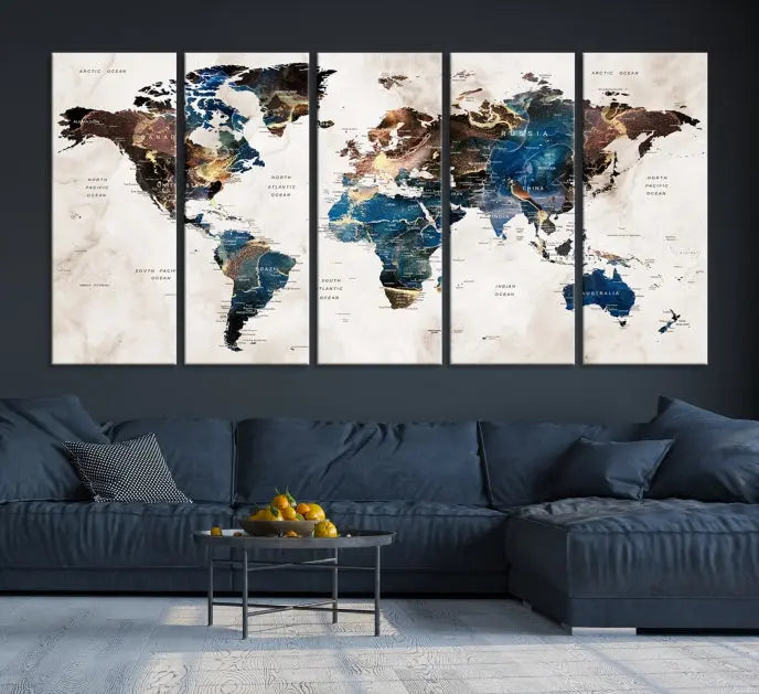 A vibrant Push Pin World Map Wall Art Watercolor Painting Canvas Print, expertly hand-assembled with museum-quality polycotton and UV-protective coating, is displayed in a modern living room.