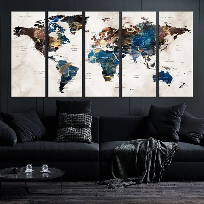 A vibrant Push Pin World Map Wall Art Watercolor Painting Canvas Print, expertly hand-assembled with museum-quality polycotton and UV-protective coating, is displayed in a modern living room.