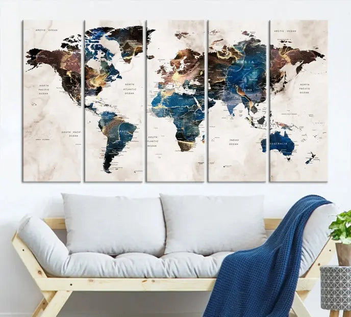 A vibrant Push Pin World Map Wall Art Watercolor Painting Canvas Print, expertly hand-assembled with museum-quality polycotton and UV-protective coating, is displayed in a modern living room.