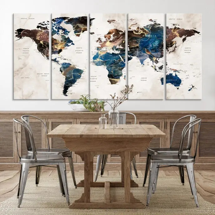 A vibrant Push Pin World Map Wall Art Watercolor Painting Canvas Print, expertly hand-assembled with museum-quality polycotton and UV-protective coating, is displayed in a modern living room.