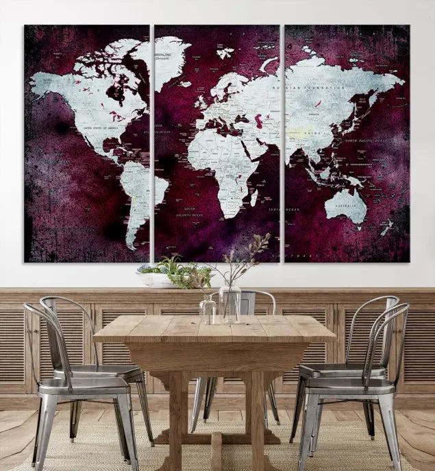 The Push Pin World Map Wall Art, featuring a sophisticated design on a purple background, is expertly crafted on gallery-wrapped canvas.