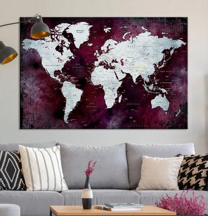 The Push Pin World Map Wall Art, featuring a sophisticated design on a purple background, is expertly crafted on gallery-wrapped canvas.