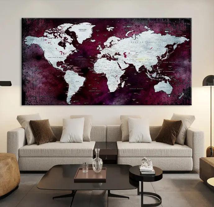 The Push Pin World Map Wall Art, featuring a sophisticated design on a purple background, is expertly crafted on gallery-wrapped canvas.