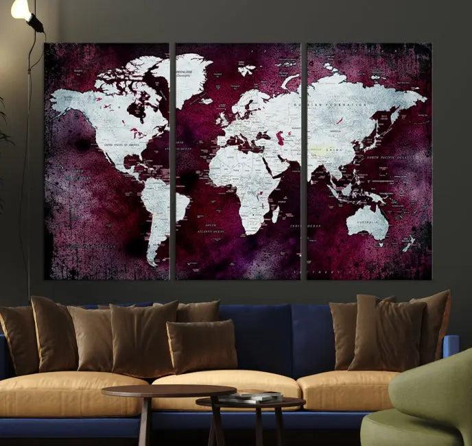 The Push Pin World Map Wall Art, featuring a sophisticated design on a purple background, is expertly crafted on gallery-wrapped canvas.