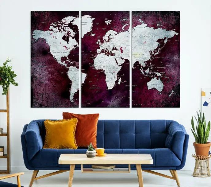 The Push Pin World Map Wall Art, featuring a sophisticated design on a purple background, is expertly crafted on gallery-wrapped canvas.