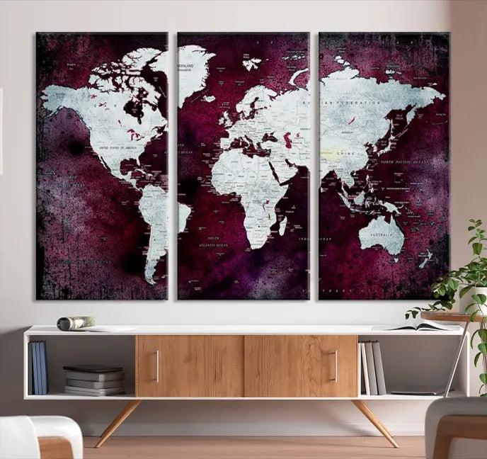 The Push Pin World Map Wall Art, featuring a sophisticated design on a purple background, is expertly crafted on gallery-wrapped canvas.