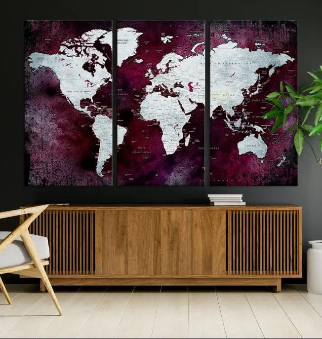 The Push Pin World Map Wall Art, featuring a sophisticated design on a purple background, is expertly crafted on gallery-wrapped canvas.