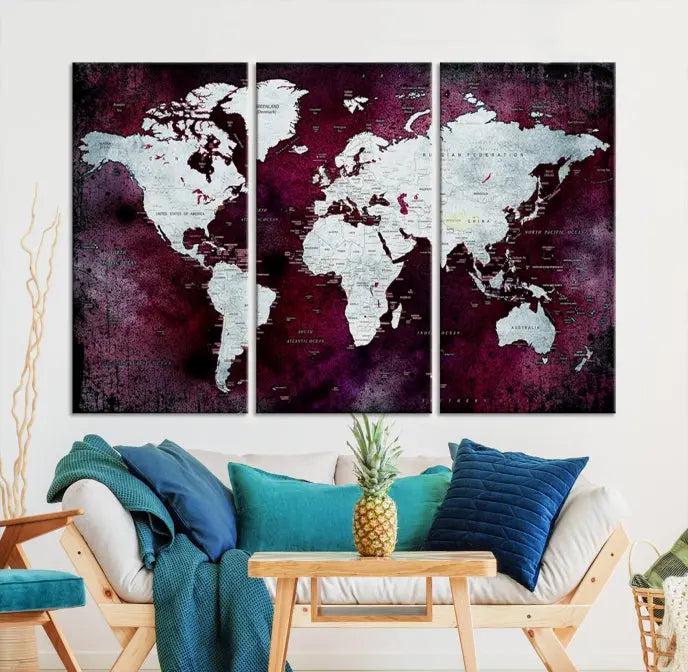 The Push Pin World Map Wall Art, featuring a sophisticated design on a purple background, is expertly crafted on gallery-wrapped canvas.