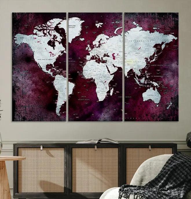 The Push Pin World Map Wall Art, featuring a sophisticated design on a purple background, is expertly crafted on gallery-wrapped canvas.