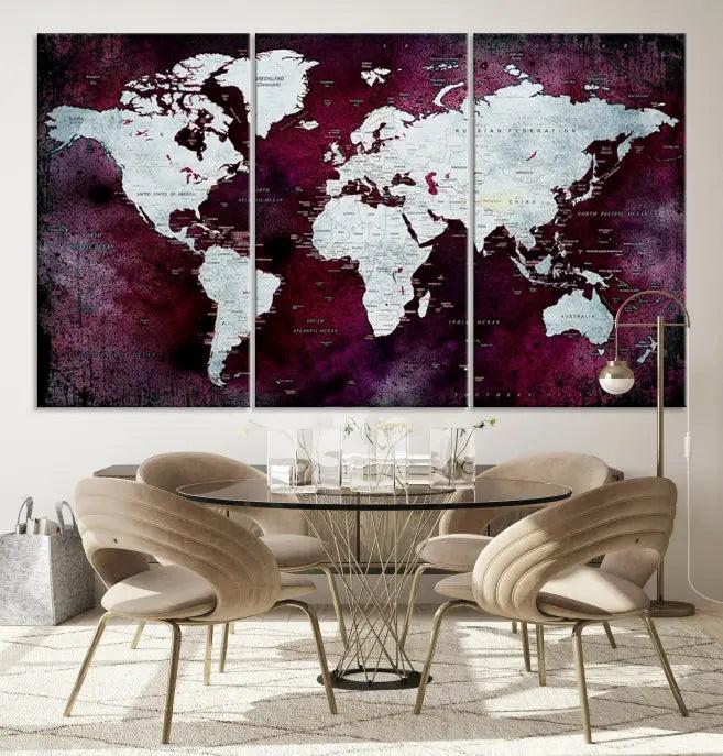 The Push Pin World Map Wall Art, featuring a sophisticated design on a purple background, is expertly crafted on gallery-wrapped canvas.