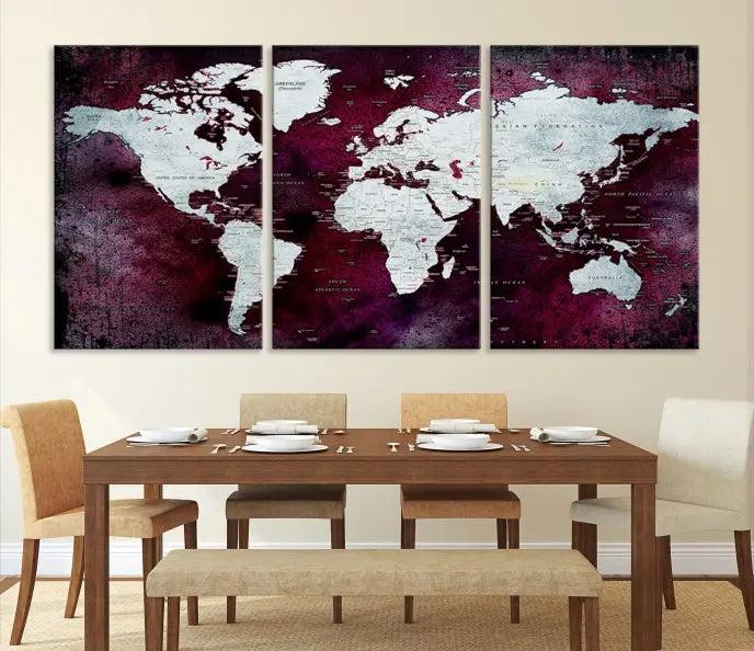 The Push Pin World Map Wall Art, featuring a sophisticated design on a purple background, is expertly crafted on gallery-wrapped canvas.