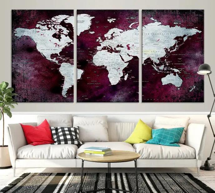 The Push Pin World Map Wall Art, featuring a sophisticated design on a purple background, is expertly crafted on gallery-wrapped canvas.