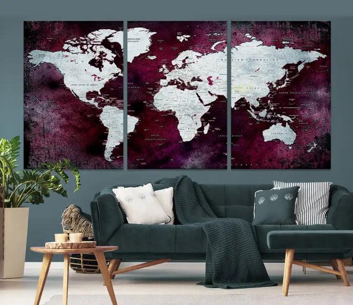 The Push Pin World Map Wall Art, featuring a sophisticated design on a purple background, is expertly crafted on gallery-wrapped canvas.