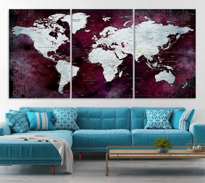 The Push Pin World Map Wall Art, featuring a sophisticated design on a purple background, is expertly crafted on gallery-wrapped canvas.