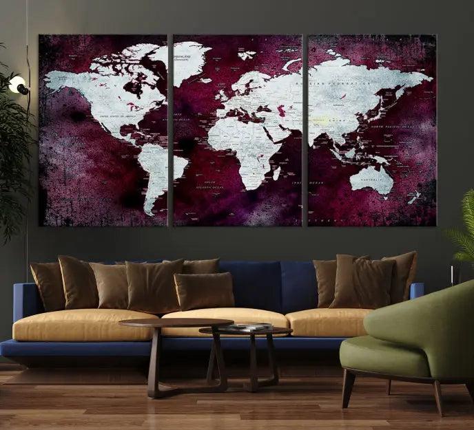 The Push Pin World Map Wall Art, featuring a sophisticated design on a purple background, is expertly crafted on gallery-wrapped canvas.