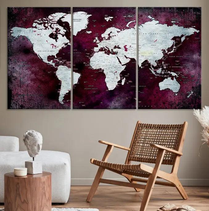 The Push Pin World Map Wall Art, featuring a sophisticated design on a purple background, is expertly crafted on gallery-wrapped canvas.