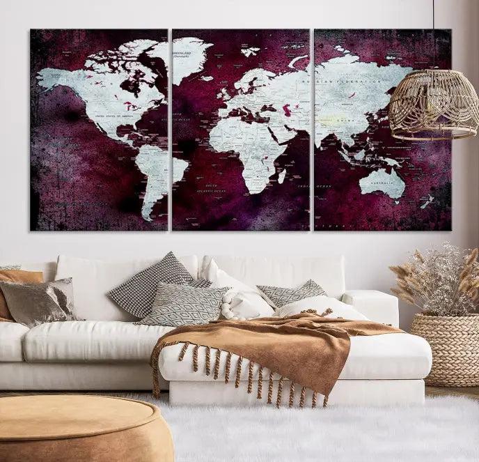 The Push Pin World Map Wall Art, featuring a sophisticated design on a purple background, is expertly crafted on gallery-wrapped canvas.