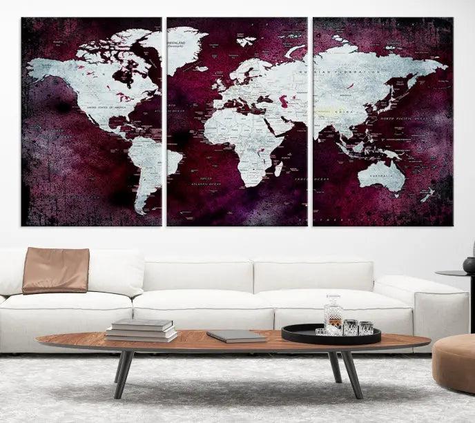 The Push Pin World Map Wall Art, featuring a sophisticated design on a purple background, is expertly crafted on gallery-wrapped canvas.