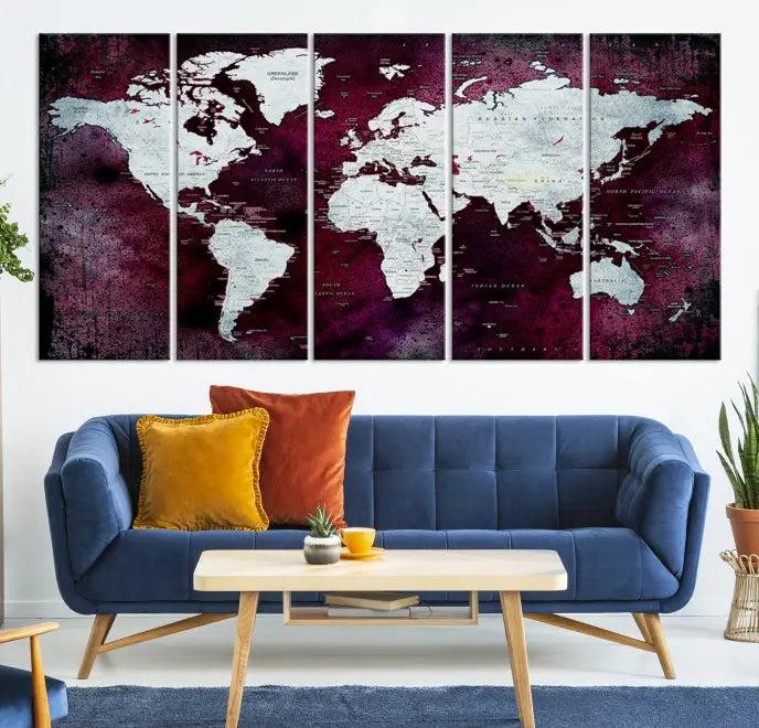 The Push Pin World Map Wall Art, featuring a sophisticated design on a purple background, is expertly crafted on gallery-wrapped canvas.