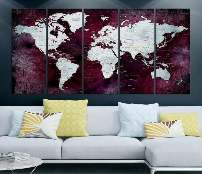 The Push Pin World Map Wall Art, featuring a sophisticated design on a purple background, is expertly crafted on gallery-wrapped canvas.