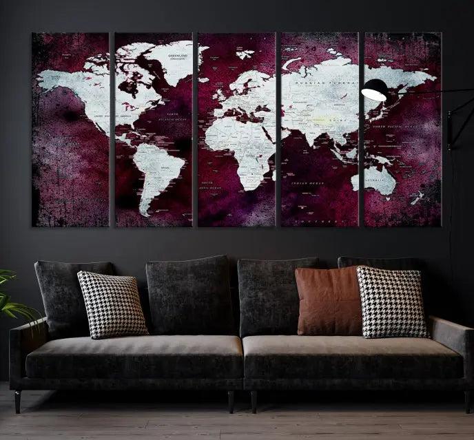 The Push Pin World Map Wall Art, featuring a sophisticated design on a purple background, is expertly crafted on gallery-wrapped canvas.