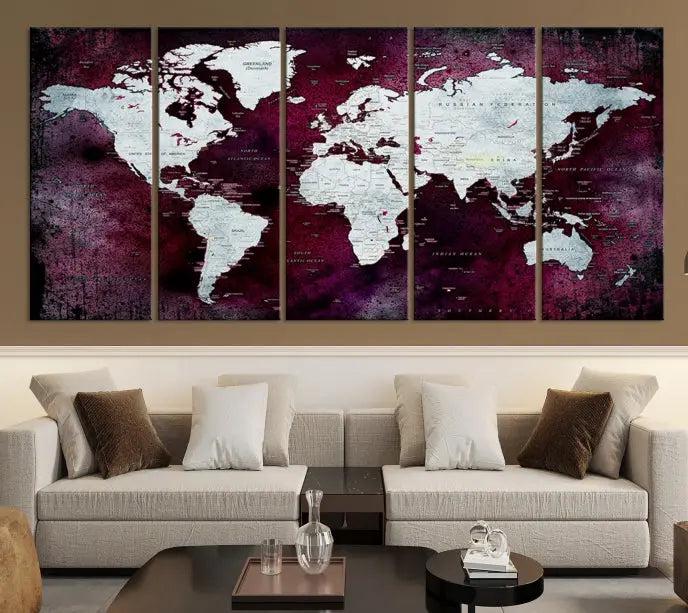 The Push Pin World Map Wall Art, featuring a sophisticated design on a purple background, is expertly crafted on gallery-wrapped canvas.